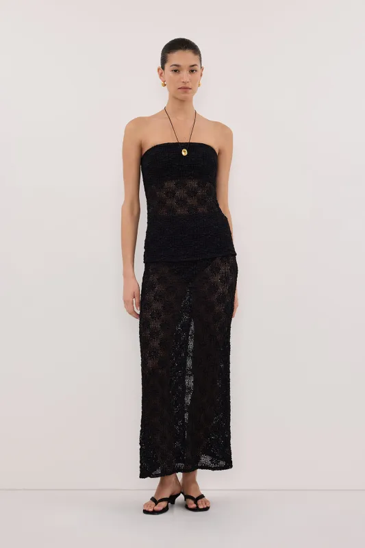 AGNES BLACK CROCHET COLUMN MIDI SKIRT sold by Dissh