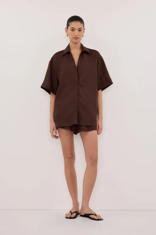 HELENA COCOA SHORT SLEEVE LINEN SHIRT sold by Dissh