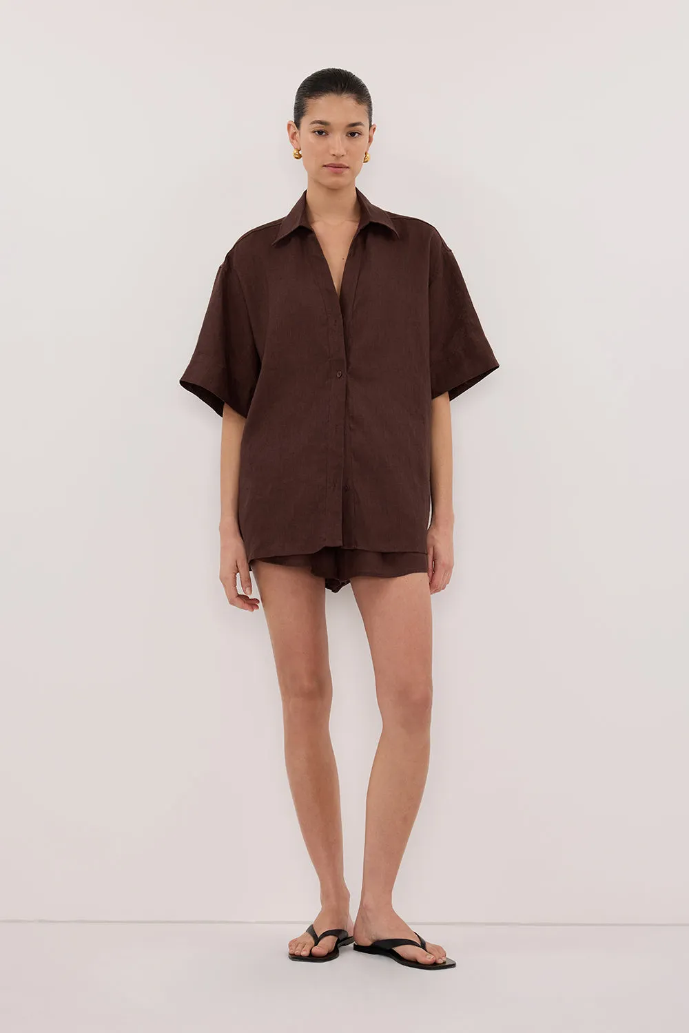 HELENA COCOA OVERSIZED LINEN SHIRT sold by Dissh