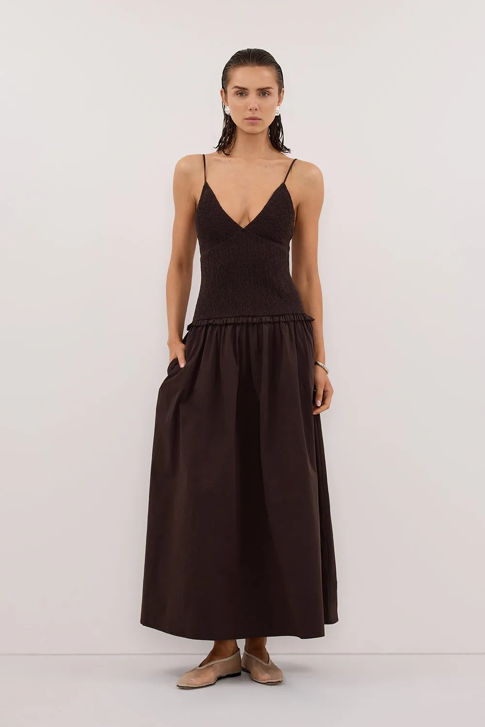 RAMONA BURNT CHOC SLEEVELESS COTTON MIDI DRESS sold by Dissh
