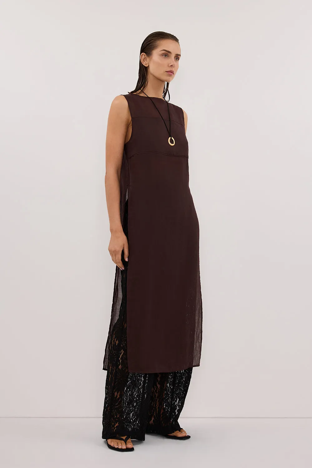 KAI BURNT CHOC SLEEVELESS RAMIE TUNIC TOP sold by Dissh product image thumbnail 3