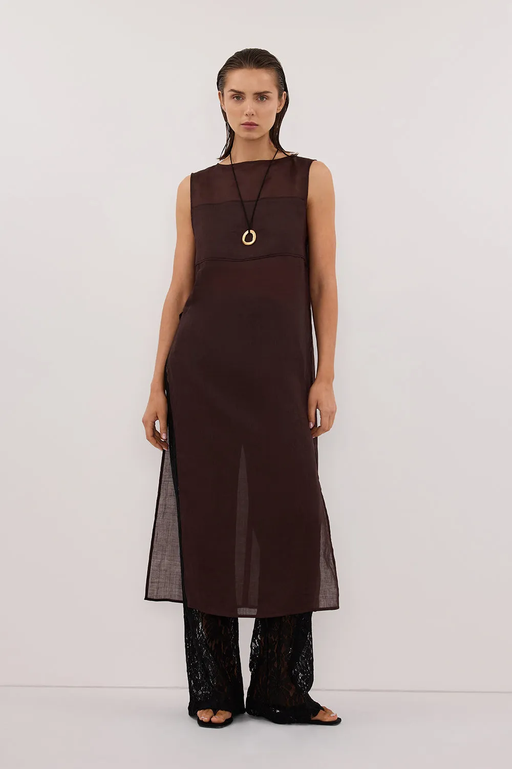 KAI BURNT CHOC SLEEVELESS RAMIE TUNIC TOP sold by Dissh