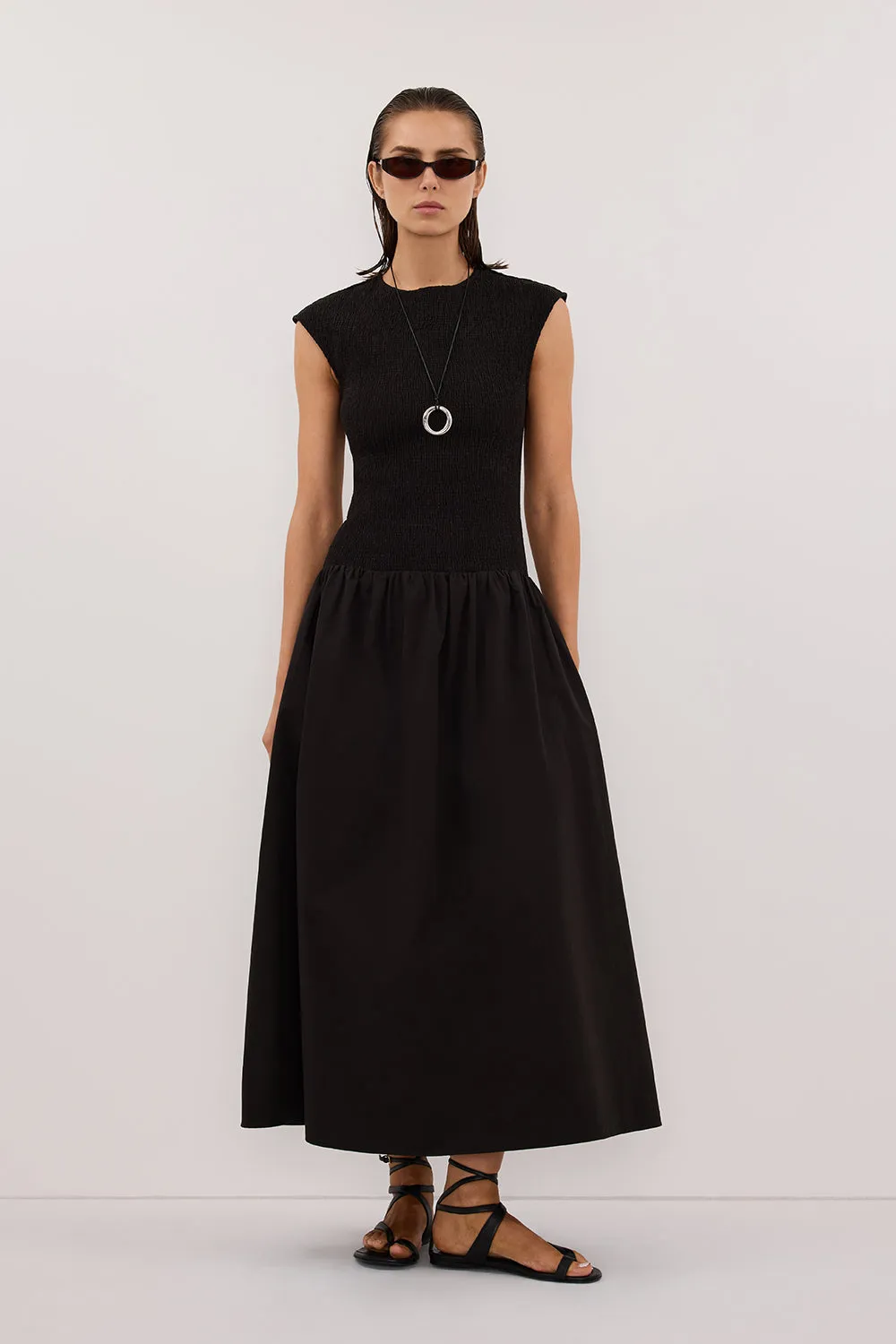RUBI BLACK COTTON MIDI DRESS sold by Dissh