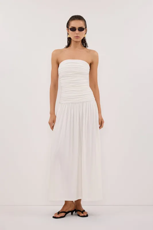 SHARI OFF WHITE STRAPLESS BANDEAU MIDI DRESS sold by Dissh