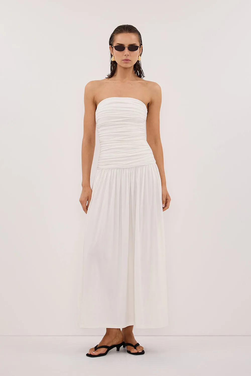 SHARI OFF WHITE STRAPLESS BANDEAU MIDI DRESS sold by Dissh