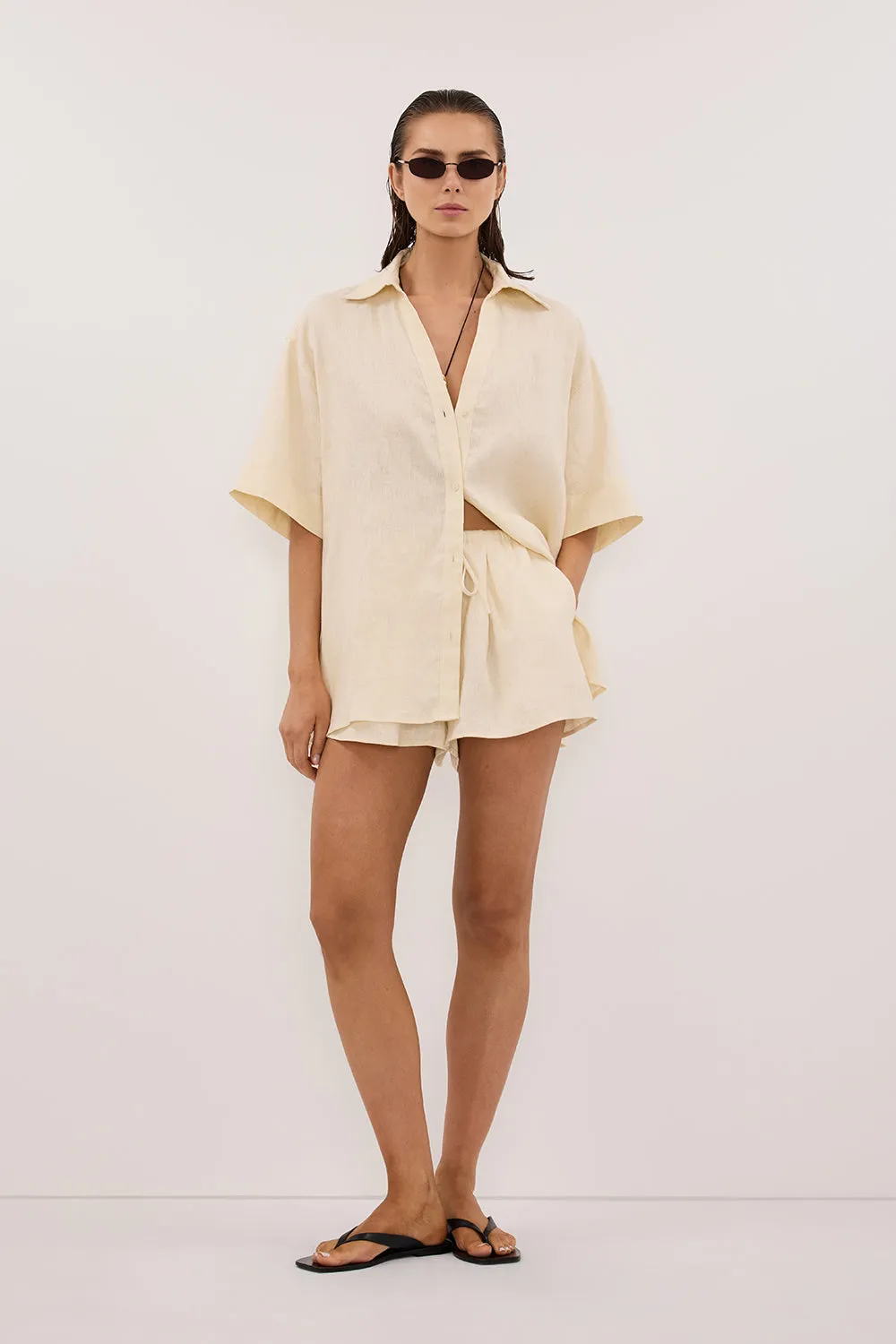 HELENA STRAW SHORT SLEEVE LINEN SHIRT sold by Dissh