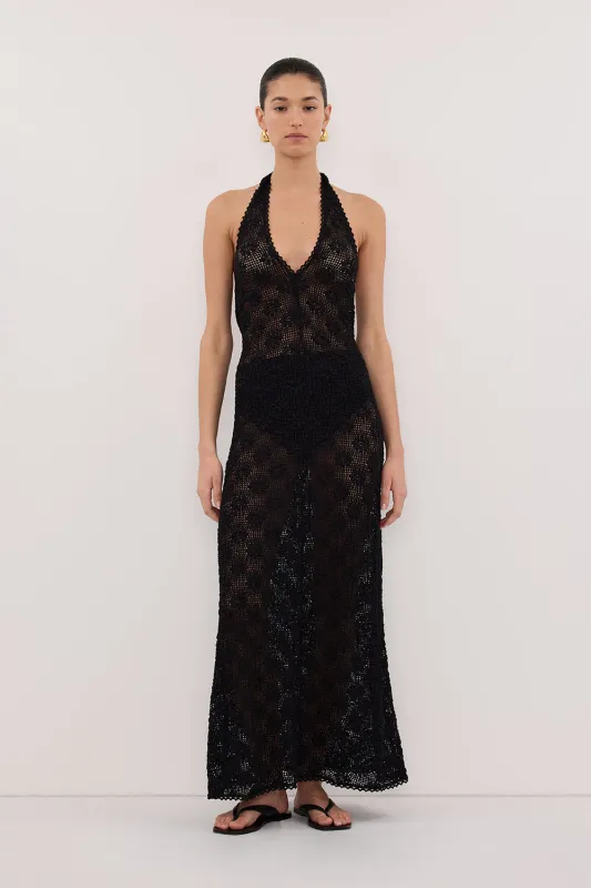 AGNES BLACK CROCHET HALTER MIDI DRESS sold by Dissh