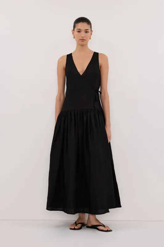 ILIO BLACK SLEEVELESS LINEN WRAP MIDI DRESS sold by Dissh