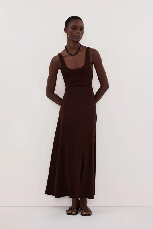 PHOEBE BURNT CHOC SLEEVELESS SCOOP NECK MIDI DRESS sold by Dissh