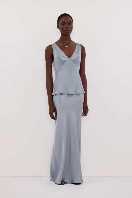 COLETTE DUSTY BLUE SILK MIDI SKIRT sold by Dissh