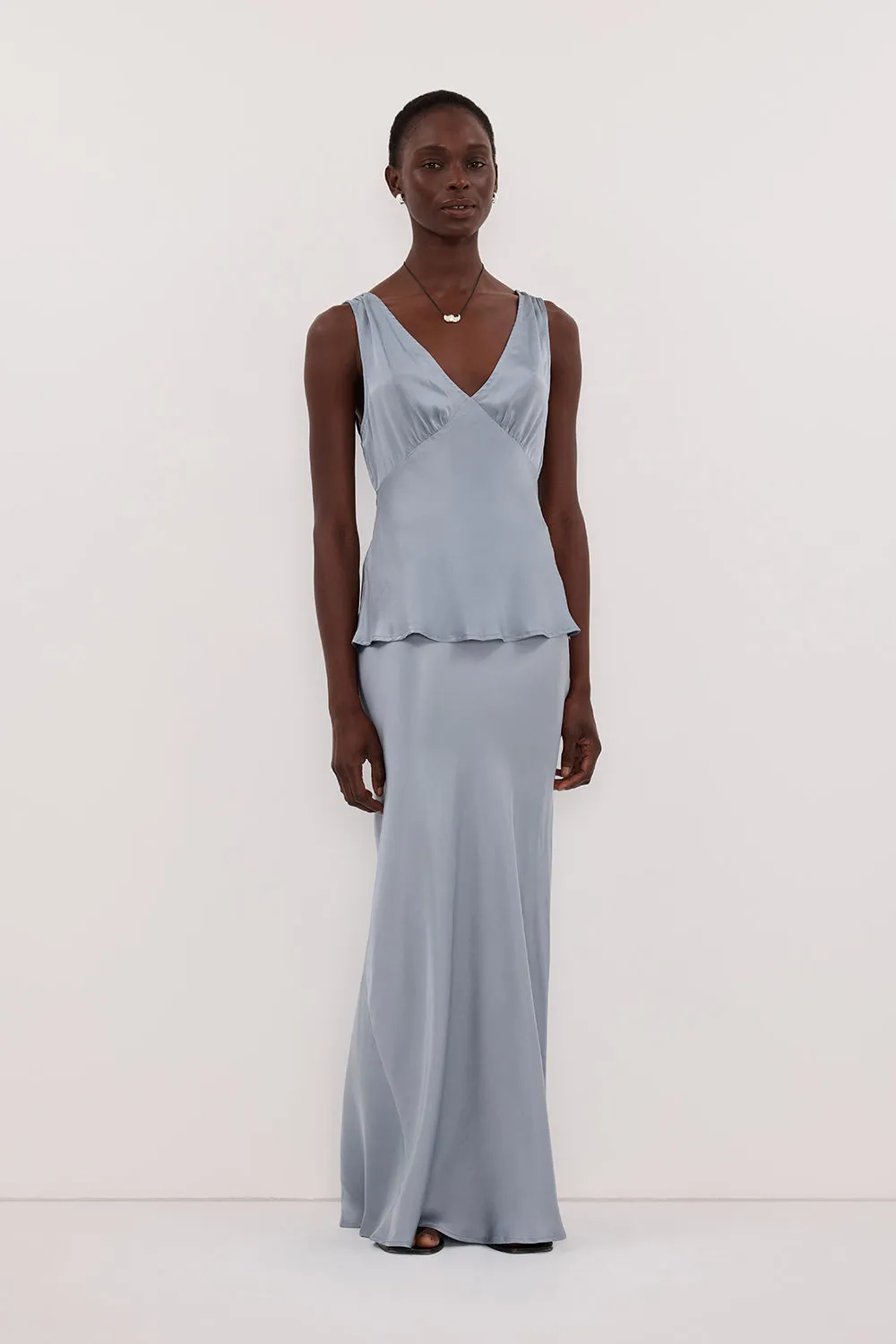 COLETTE DUSTY BLUE SILK MAXI SKIRT sold by Dissh