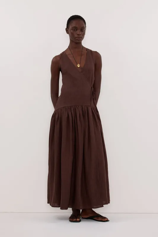 ILIO COCOA SLEEVELESS LINEN WRAP MIDI DRESS sold by Dissh