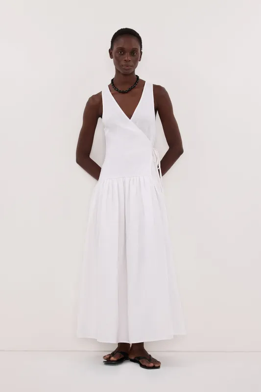 ILIO WHITE SLEEVELESS LINEN WRAP MIDI DRESS sold by Dissh