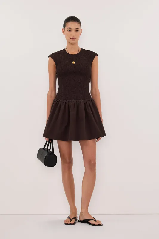 RUBI BURNT CHOC COTTON MINI DRESS sold by Dissh
