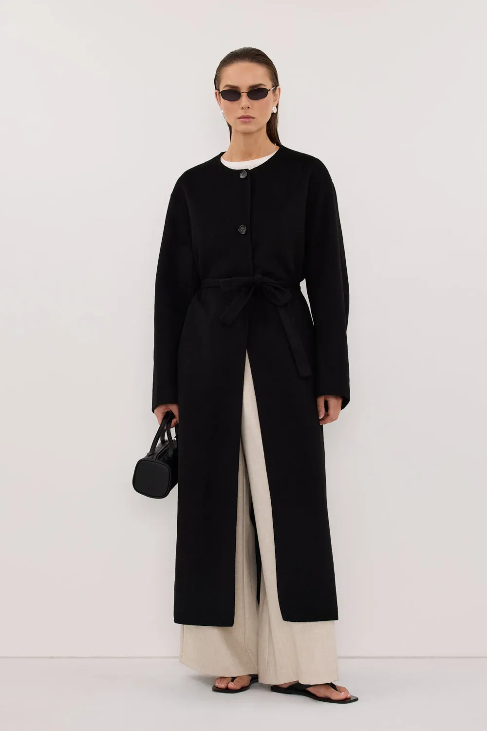 GRETA BLACK COLLARLESS WOOL BLEND COAT sold by Dissh