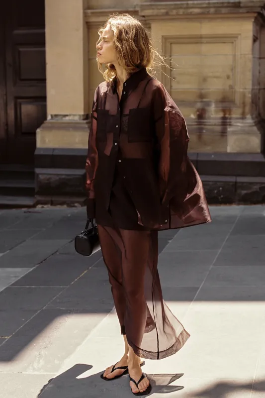 SIAN DARK CHOC SILK ORGANZA MIDI SKIRT sold by Dissh