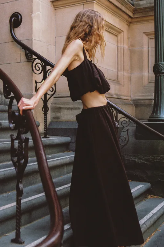 RAVELLO BURNT CHOC LINEN MIDI SKIRT made by Dissh