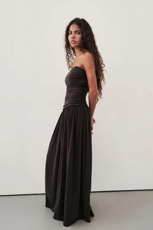 SHARI BURNT CHOC STRAPLESS BANDEAU MIDI DRESS sold by Dissh