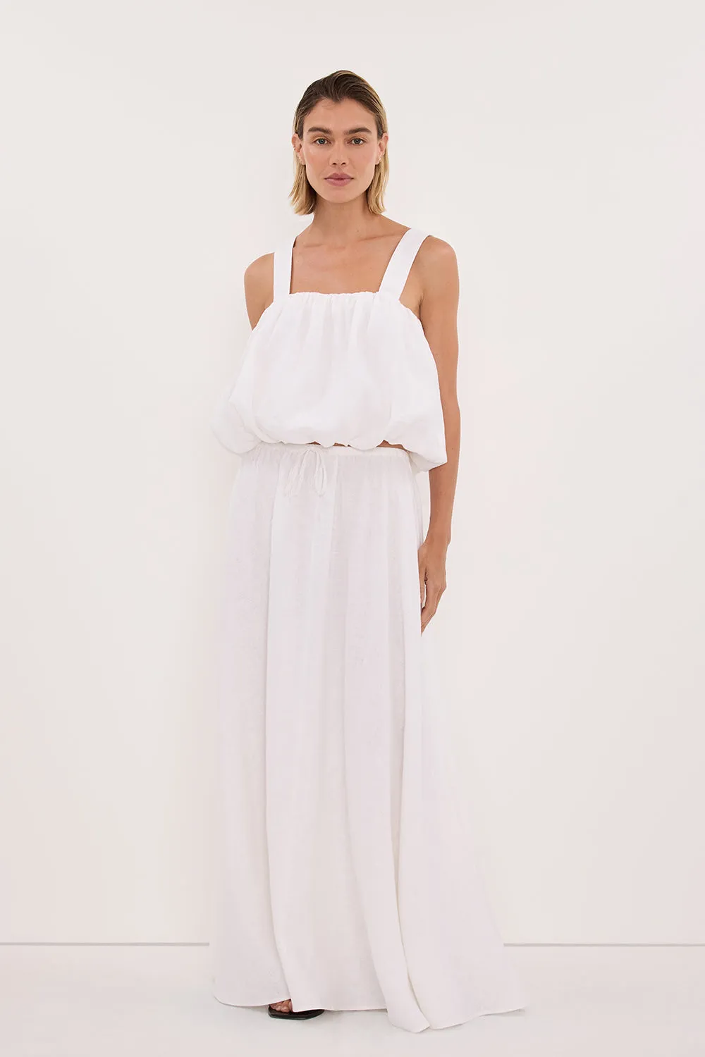 RAVELLO WHITE LINEN MIDI SKIRT sold by Dissh