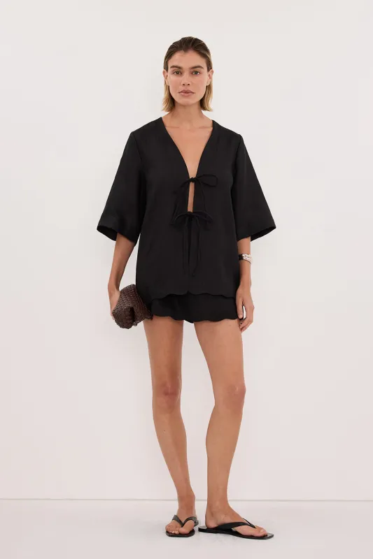 LELA BLACK LINEN SKORT sold by Dissh