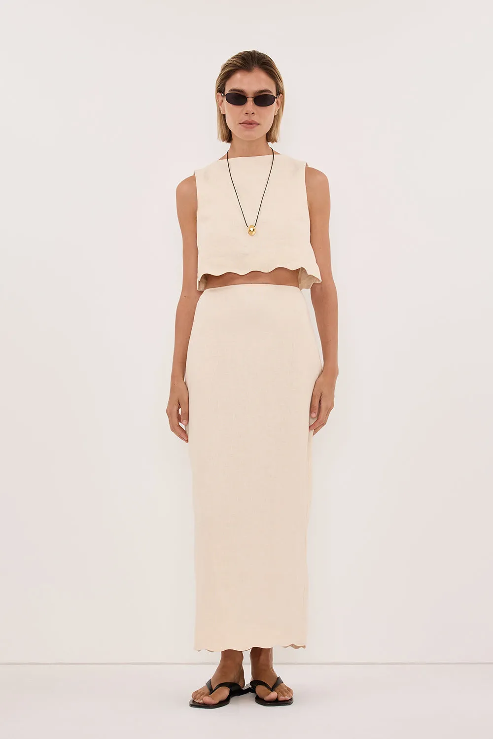 LELA SANDSTONE LINEN MIDI SKIRT sold by Dissh
