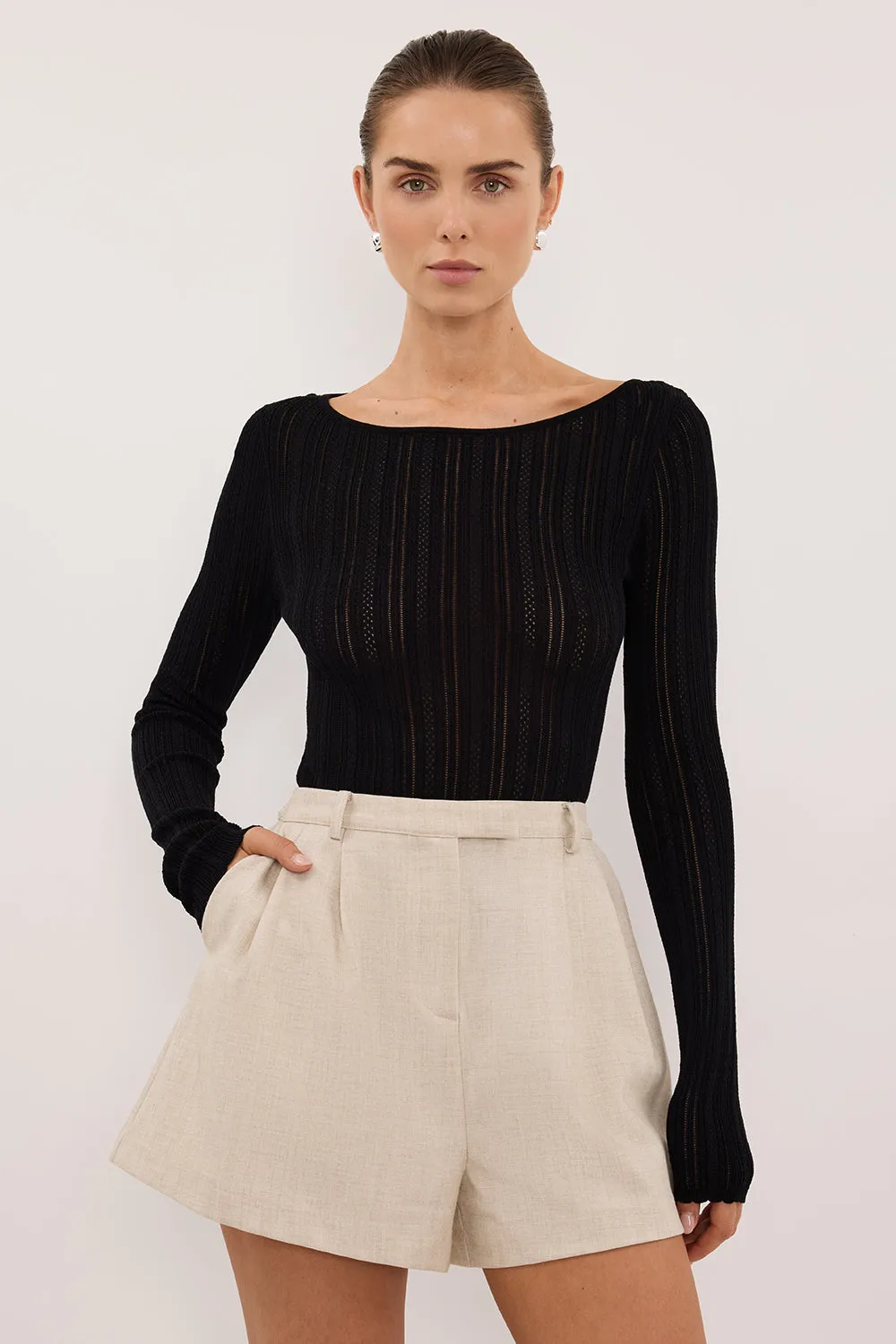 ELENA BLACK POINTELLE LONG SLEEVE KNIT TOP sold by Dissh product image thumbnail 2