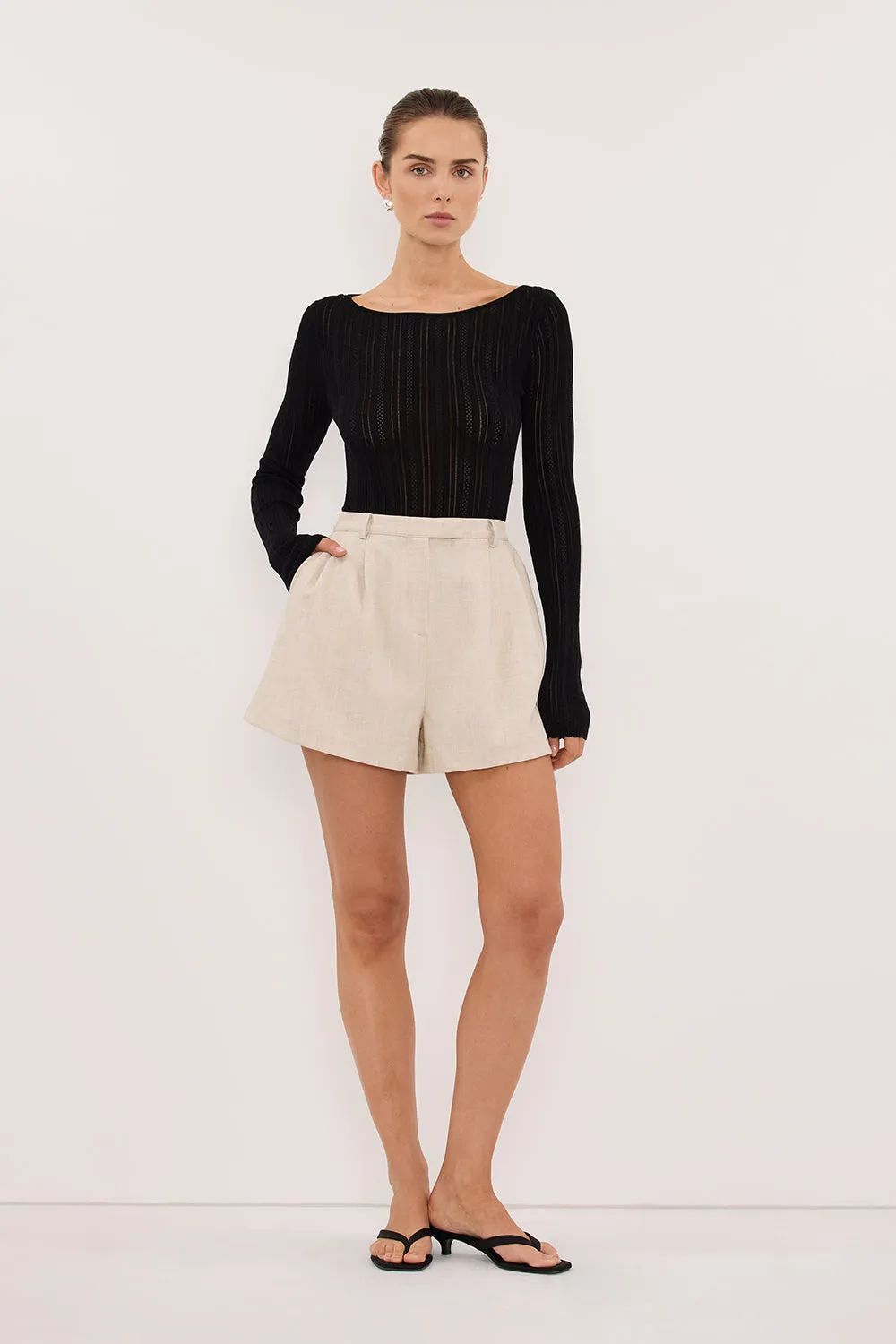 ELENA BLACK POINTELLE LONG SLEEVE KNIT TOP sold by Dissh