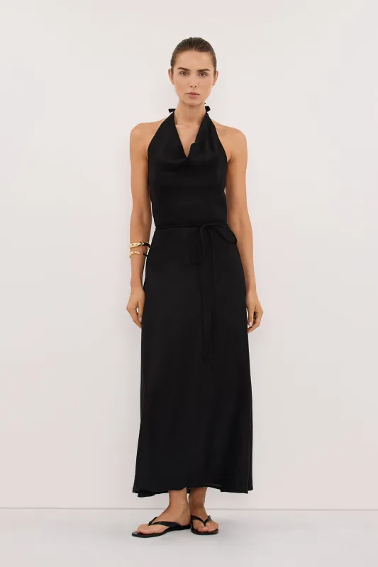 HAYLEE BLACK SLEEVELESS LINEN COWL MIDI DRESS made by Dissh