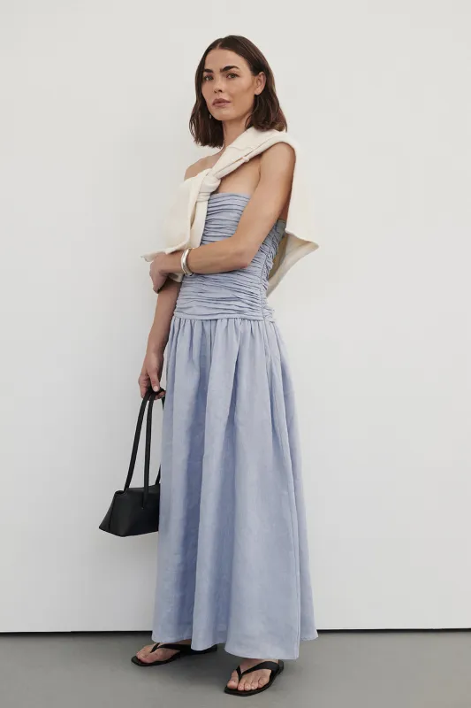 AUBRIELLA DUSTY BLUE LINEN MIDI DRESS sold by Dissh