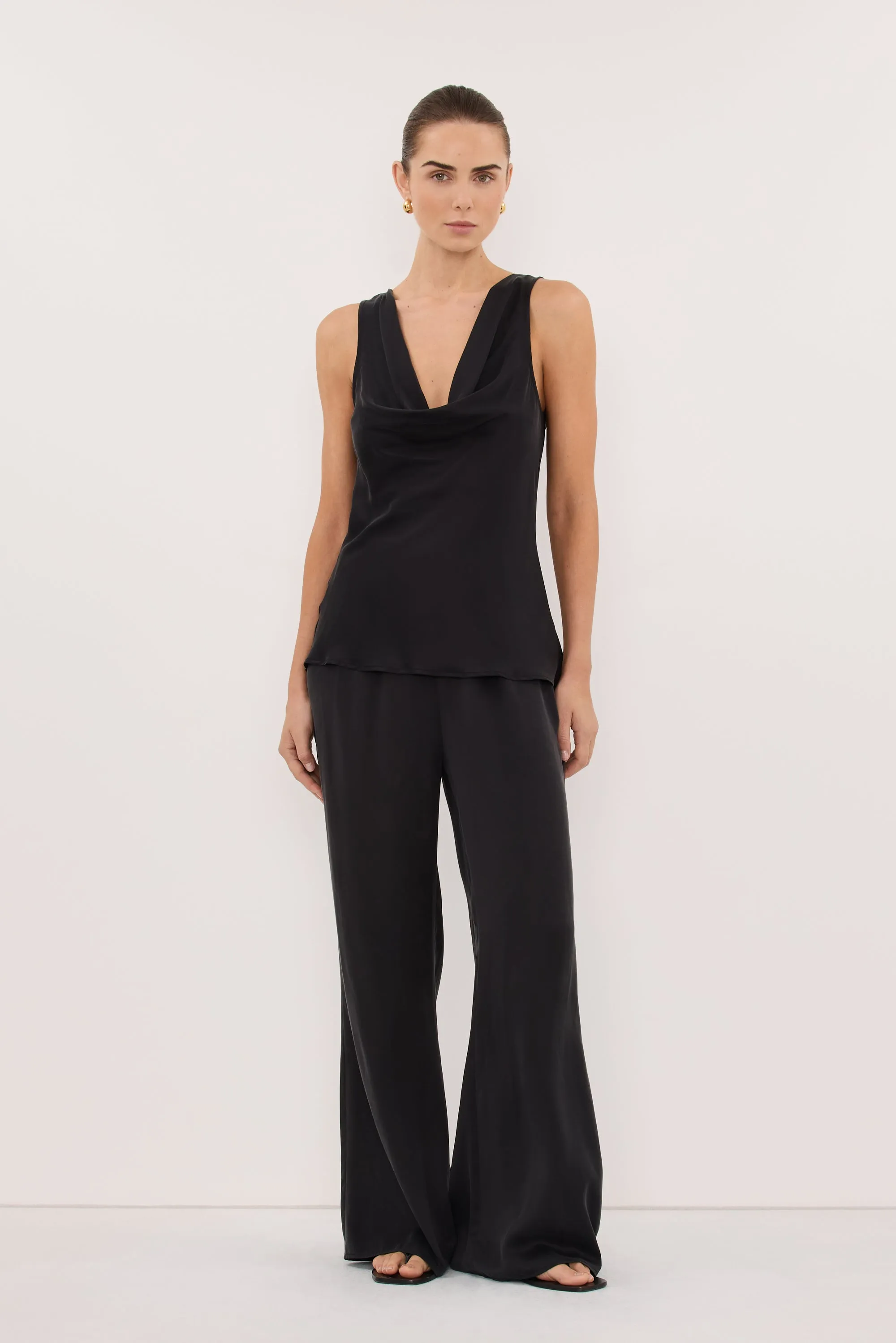 PEYTON BLACK SILK COWL TOP sold by Dissh