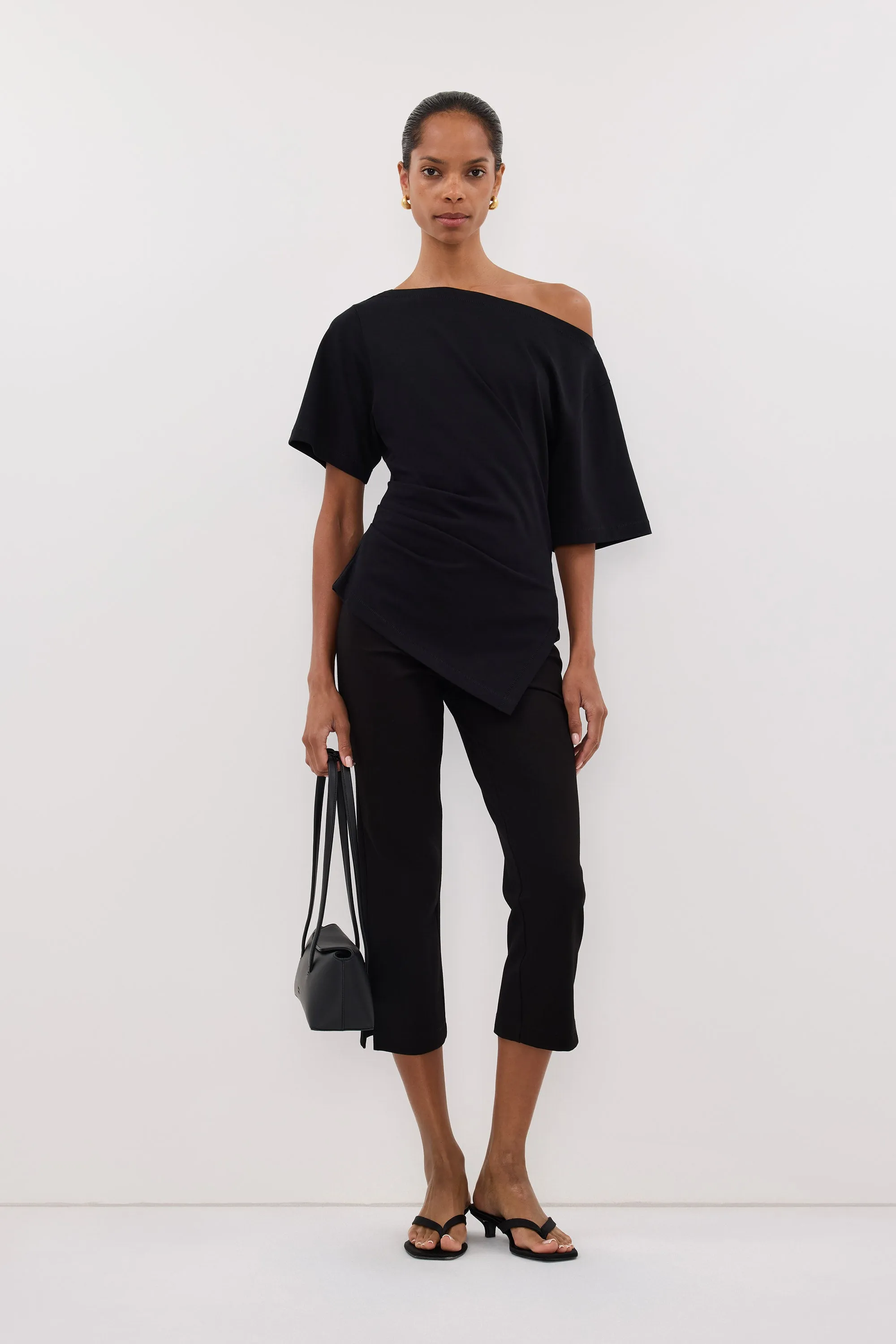 SWANN BLACK ASYM BOAT NECK TEE sold by Dissh