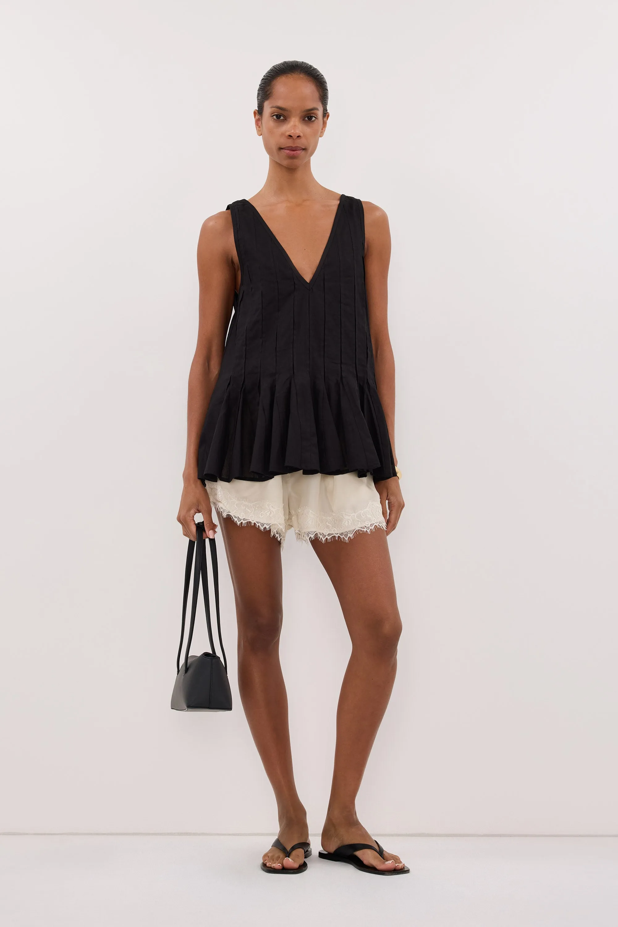 PIXIE BLACK LINEN GODET TOP sold by Dissh
