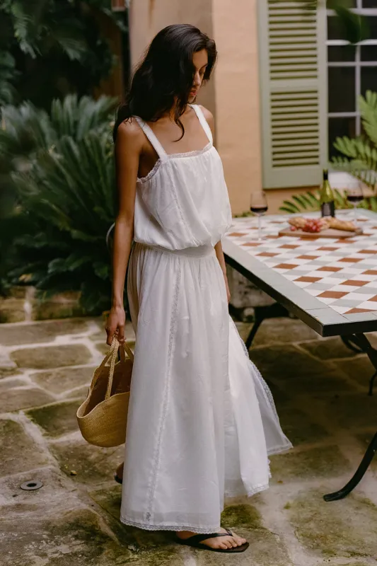 ROSIN WHITE SHIRRED LACE MIDI DRESS made by Dissh