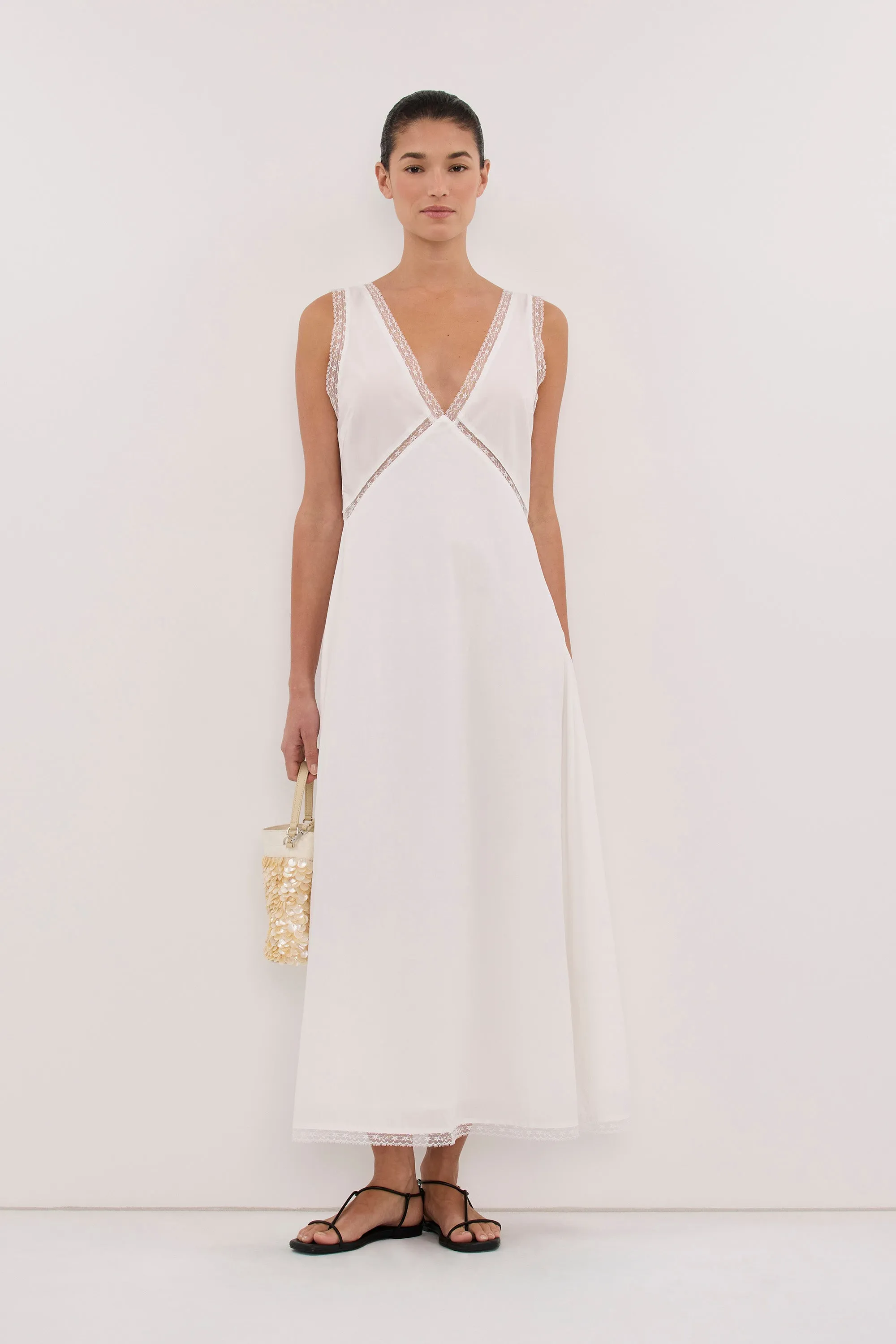 ROSIN WHITE LACE TRIM MIDI DRESS sold by Dissh