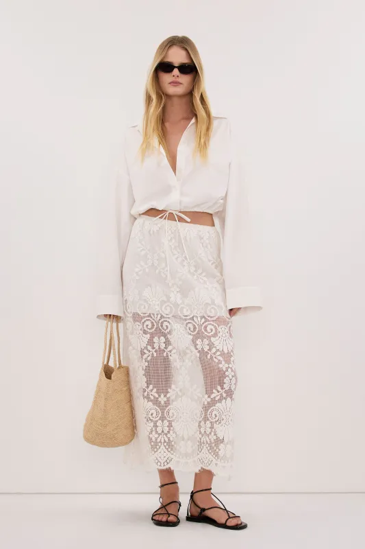 REINA IVORY LACE MIDI SKIRT made by Dissh