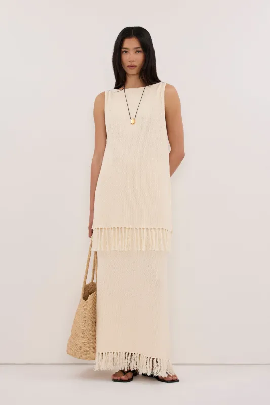 BENETTE NATURAL FRINGE COLUMN MAXI SKIRT made by Dissh