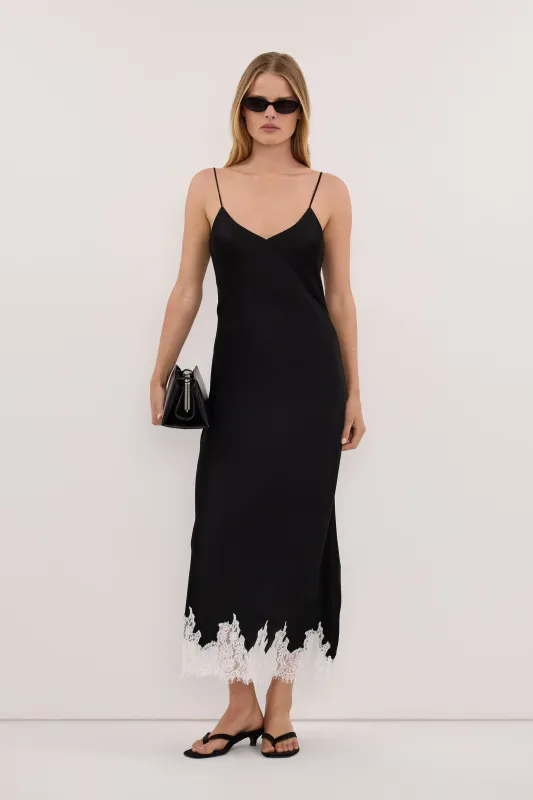 AMELINE BLACK SATIN MIDI DRESS made by Dissh