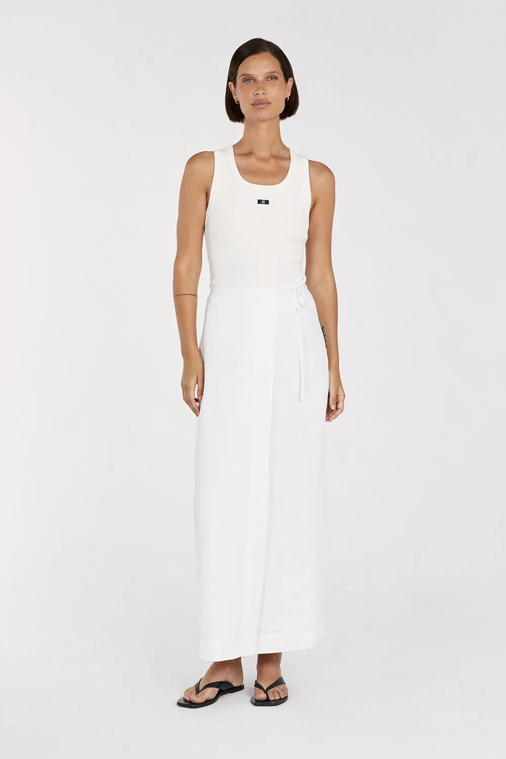 SKYE WHITE LINEN WRAP MIDI SKIRT sold by Dissh