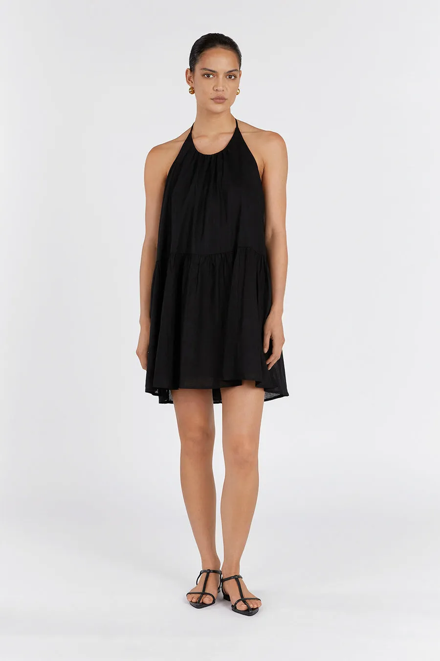 ARI BLACK LINEN HALTER MINI DRESS sold by Dissh