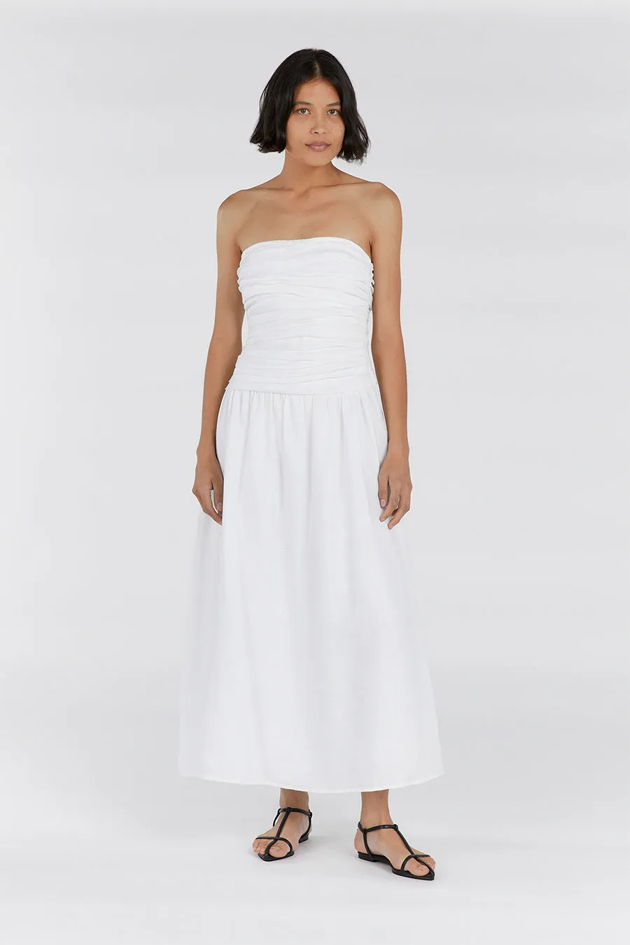 CATANIA WHITE LINEN STRAPLESS DRESS sold by Dissh