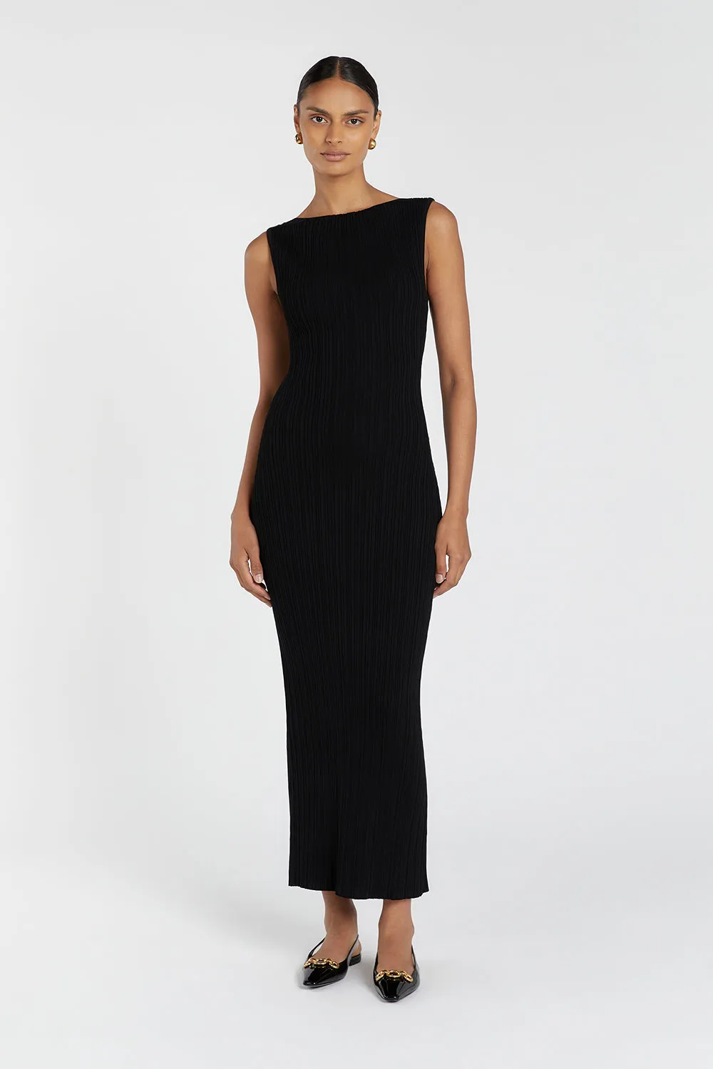 SIENNA BLACK KNIT MIDI DRESS sold by Dissh
