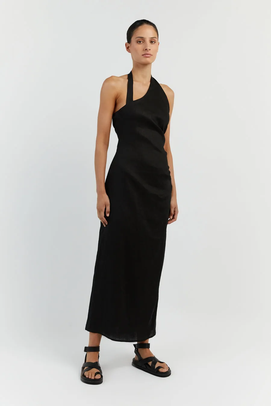 ZOEY BLACK ASYM LINEN MIDI DRESS sold by Dissh