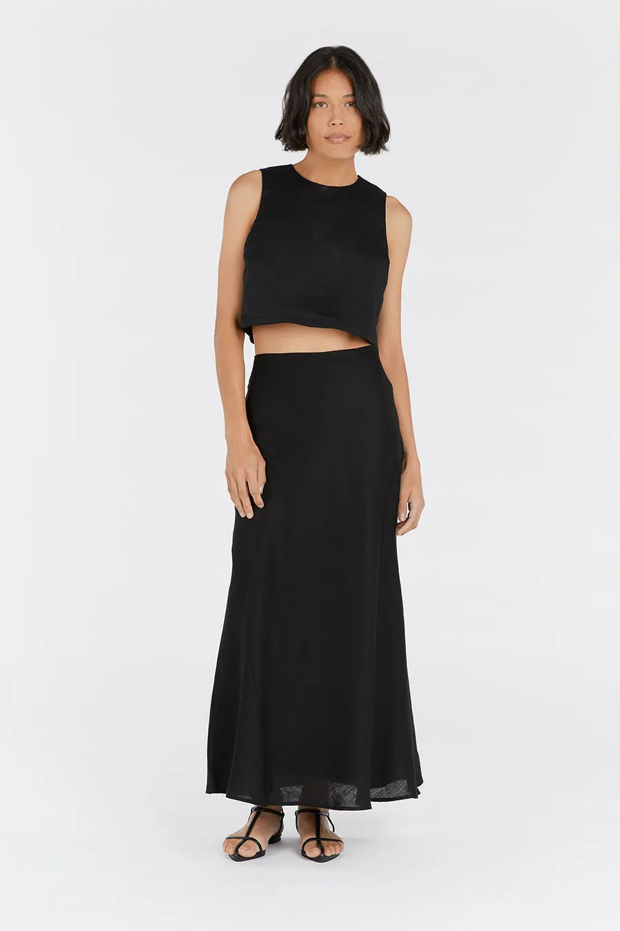 MONICA BLACK SCOOP LINEN CROP TOP sold by Dissh