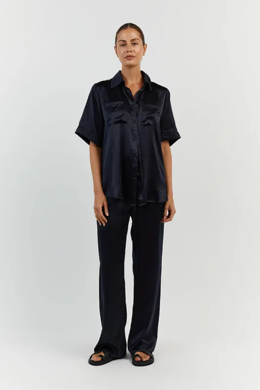EVANS NAVY SILK PANT sold by Dissh