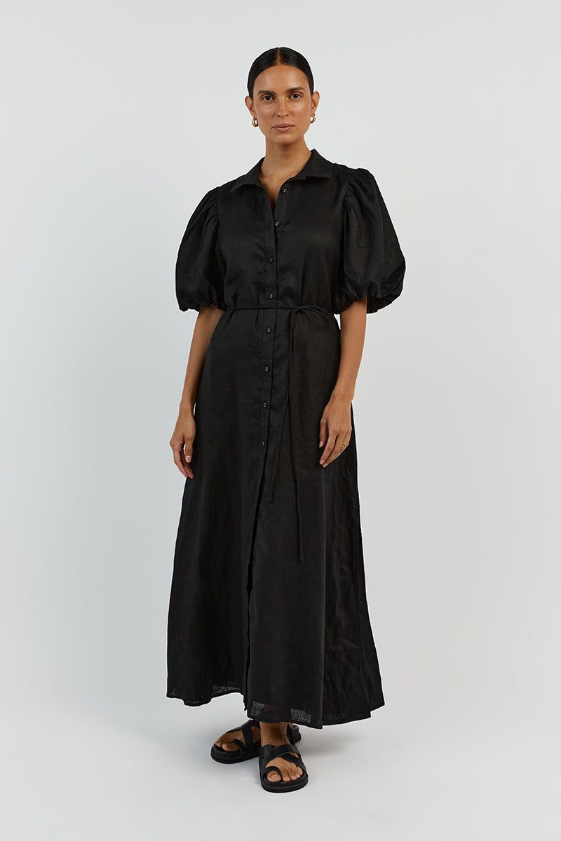 RAE BLACK LINEN SHIRT MIDI DRESS sold by Dissh