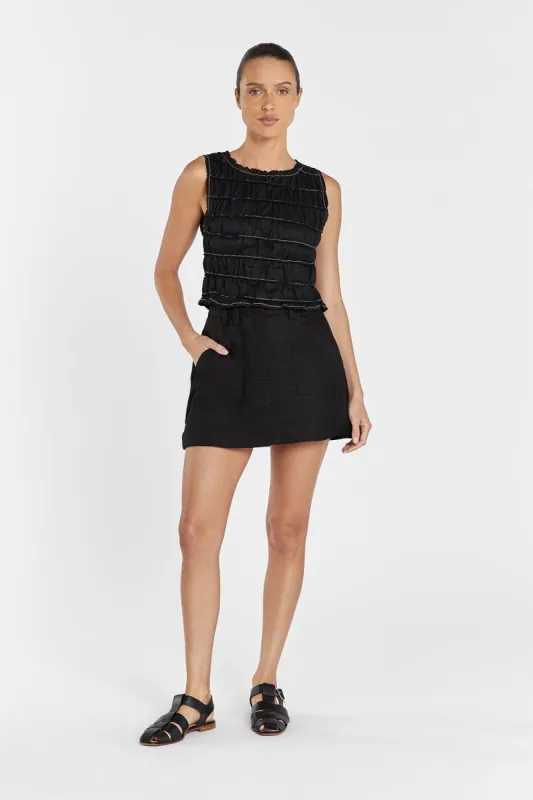 DAVINA BLACK SHIRRED LINEN TOP sold by Dissh