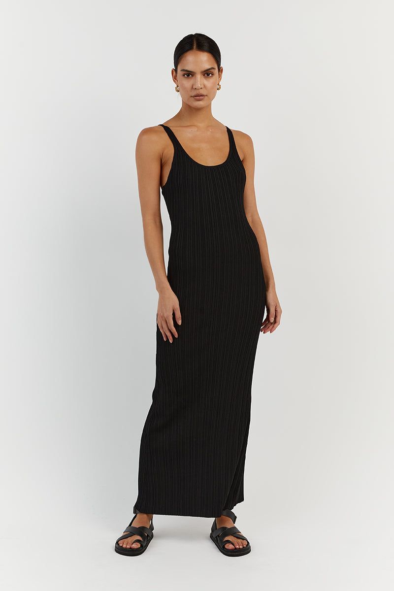 SIENNA BLACK SCOOP MIDI DRESS sold by Dissh