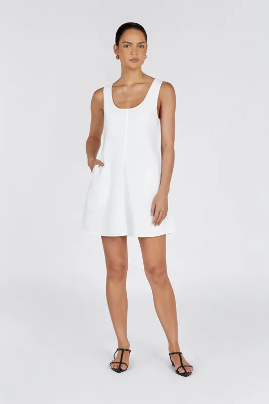 MONICA WHITE LINEN SCOOP MINI DRESS sold by Dissh
