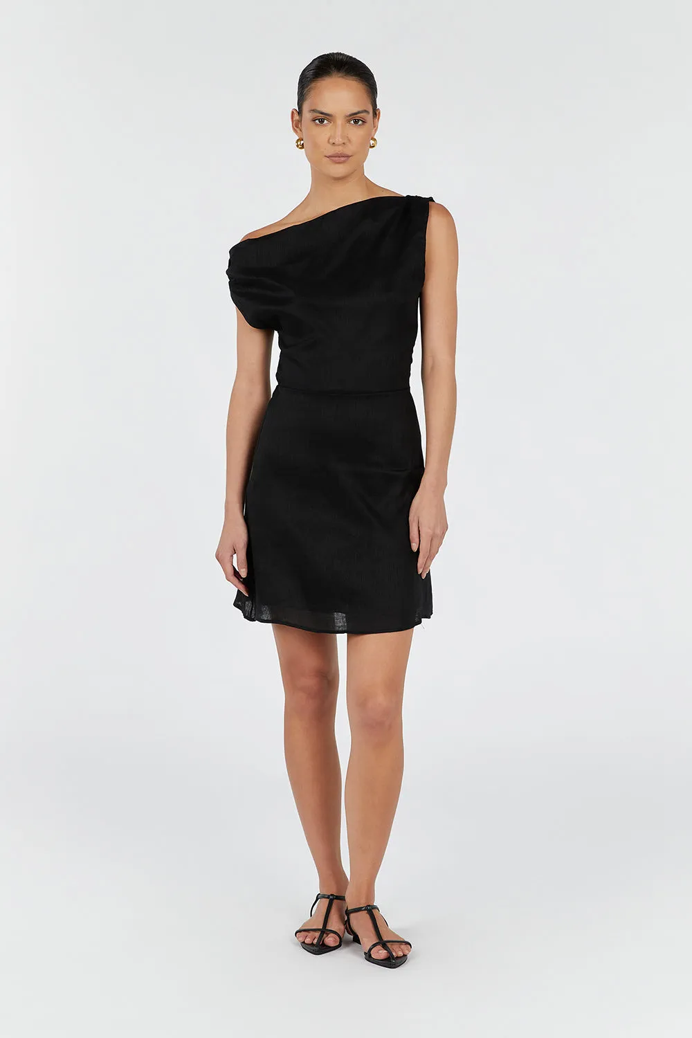 CASS BLACK ASYM LINEN MINI DRESS sold by Dissh