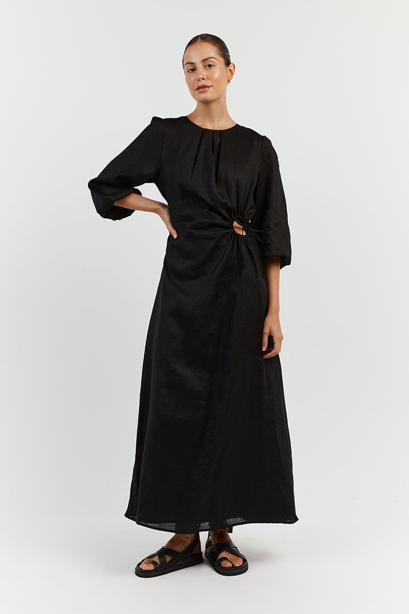 BEAU BLACK SLEEVED LINEN MIDI DRESS sold by Dissh